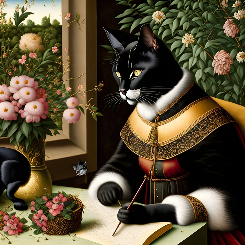 Detailed Anthropomorphic Cat in Renaissance Attire Writing with Quill