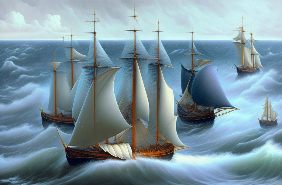 Majestic tall ships with full sails navigating tumultuous ocean waves