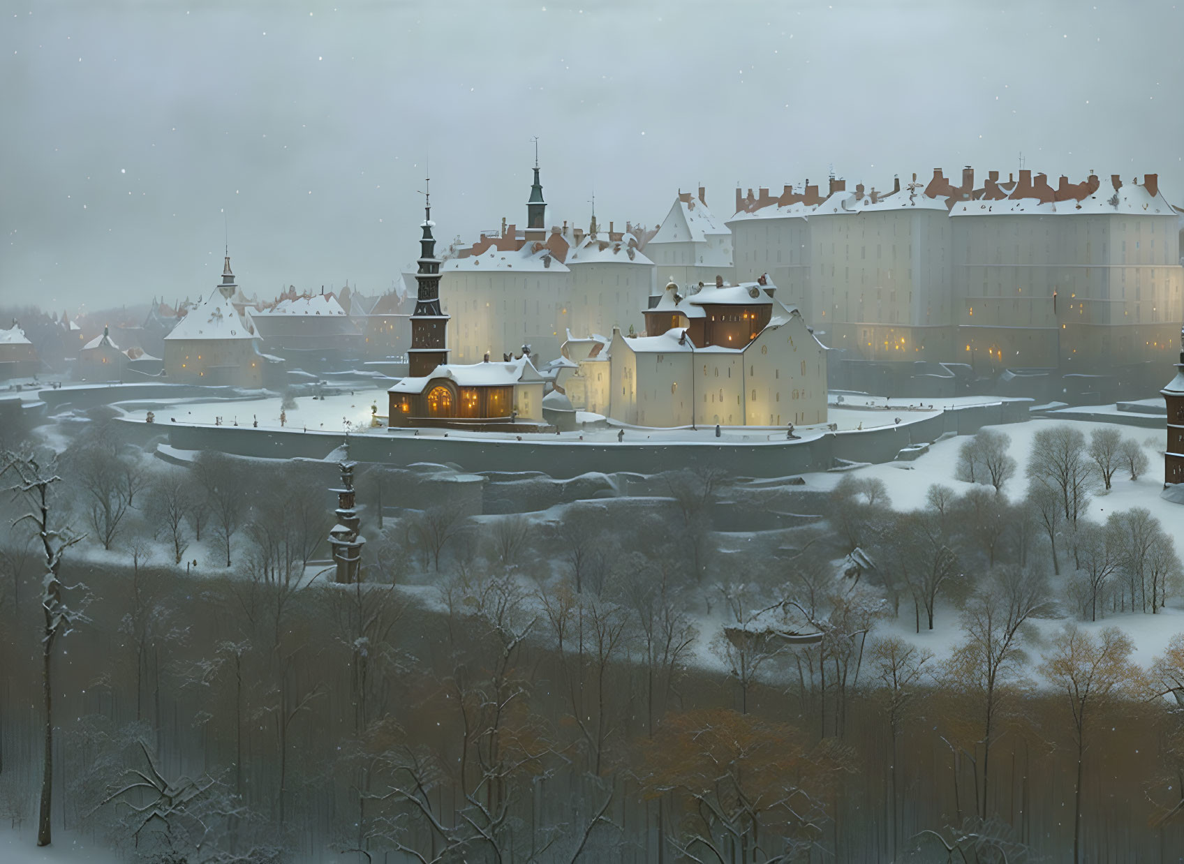 Traditional European architecture in an old snowy town with a prominent tower and softly falling snowflakes.