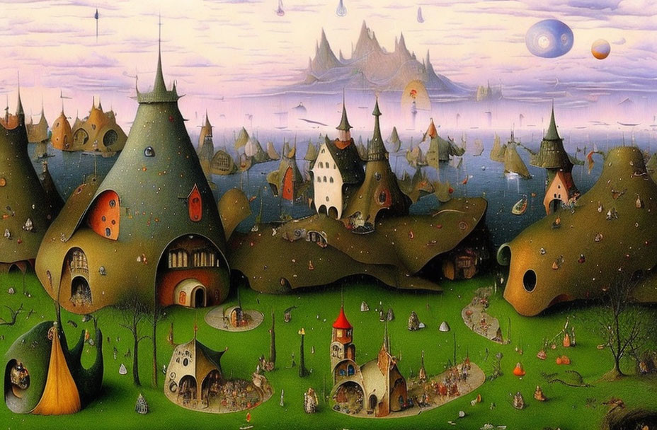 Whimsical onion-shaped houses in fantastical landscape