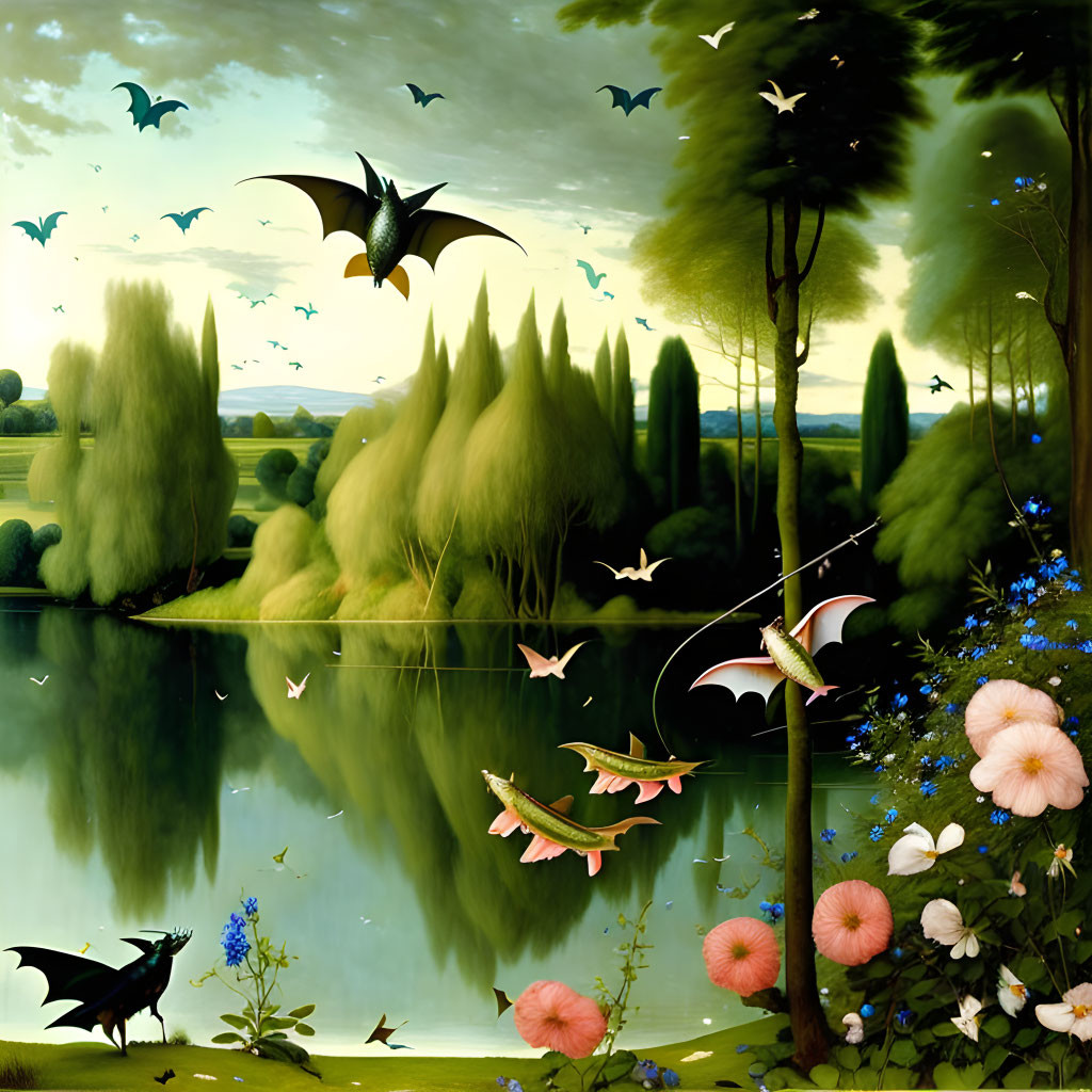 Mirrored lake surreal landscape with flying fish, bats, birds, trees, flowers