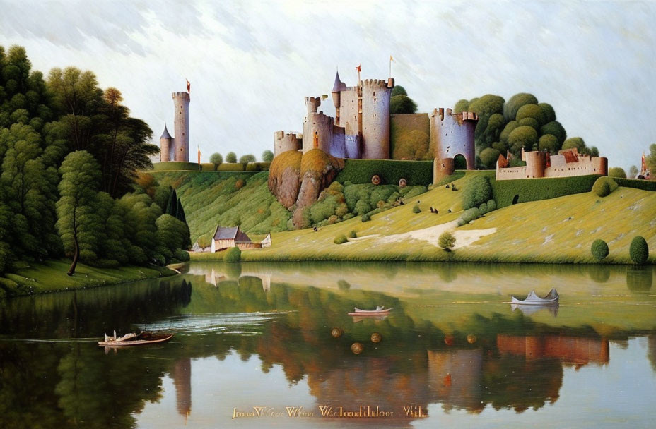 Medieval castle landscape painting with river, boats, hills, village, and serene sky