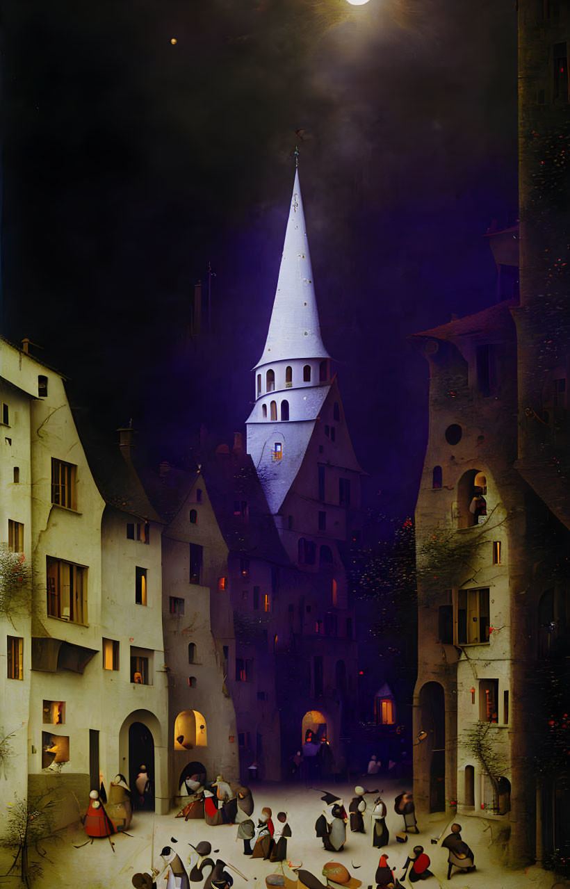 Medieval Village Night Scene with Illuminated Buildings & Church Spire