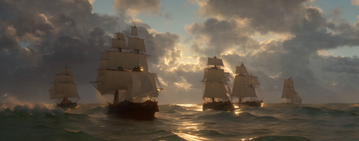 Sailing tall ships under golden sunset on rolling seas