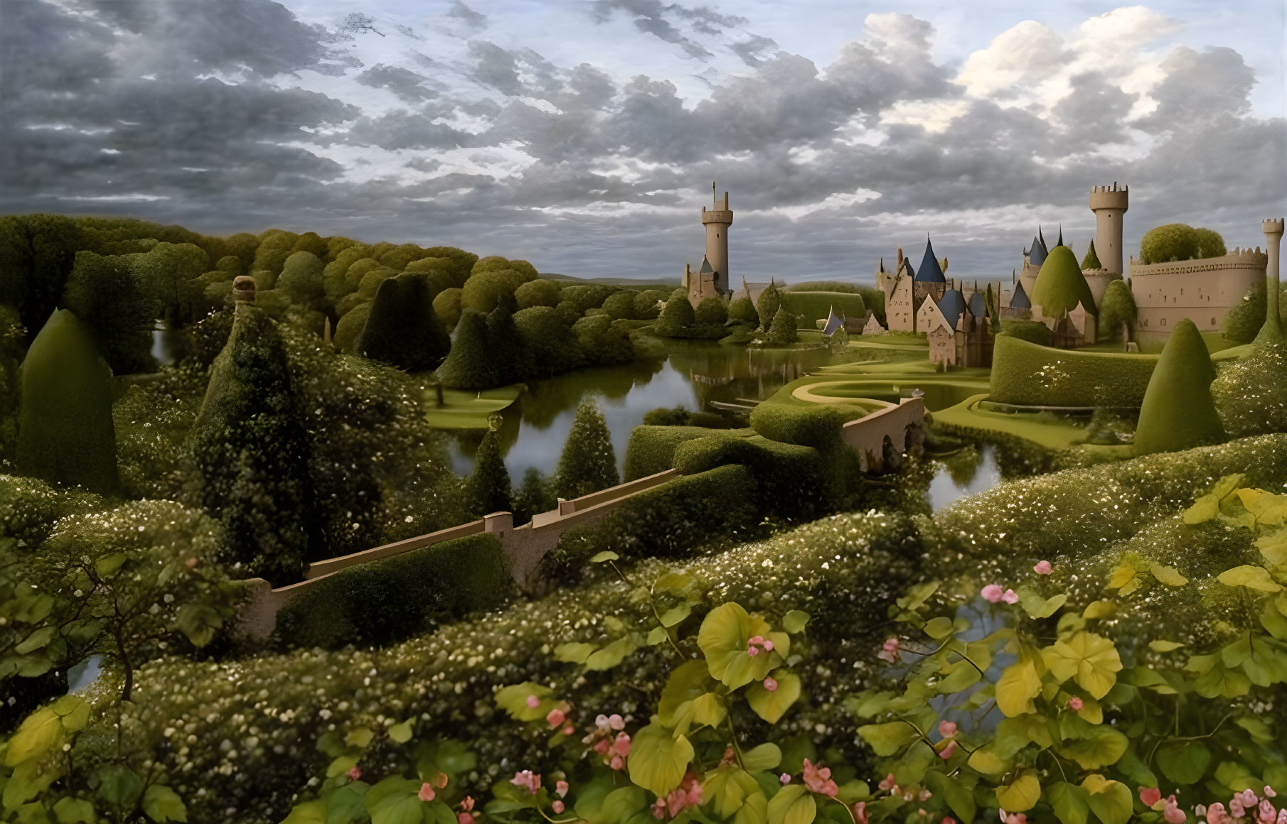 Fantasy landscape with grand castle, gardens, and lake under cloudy sky