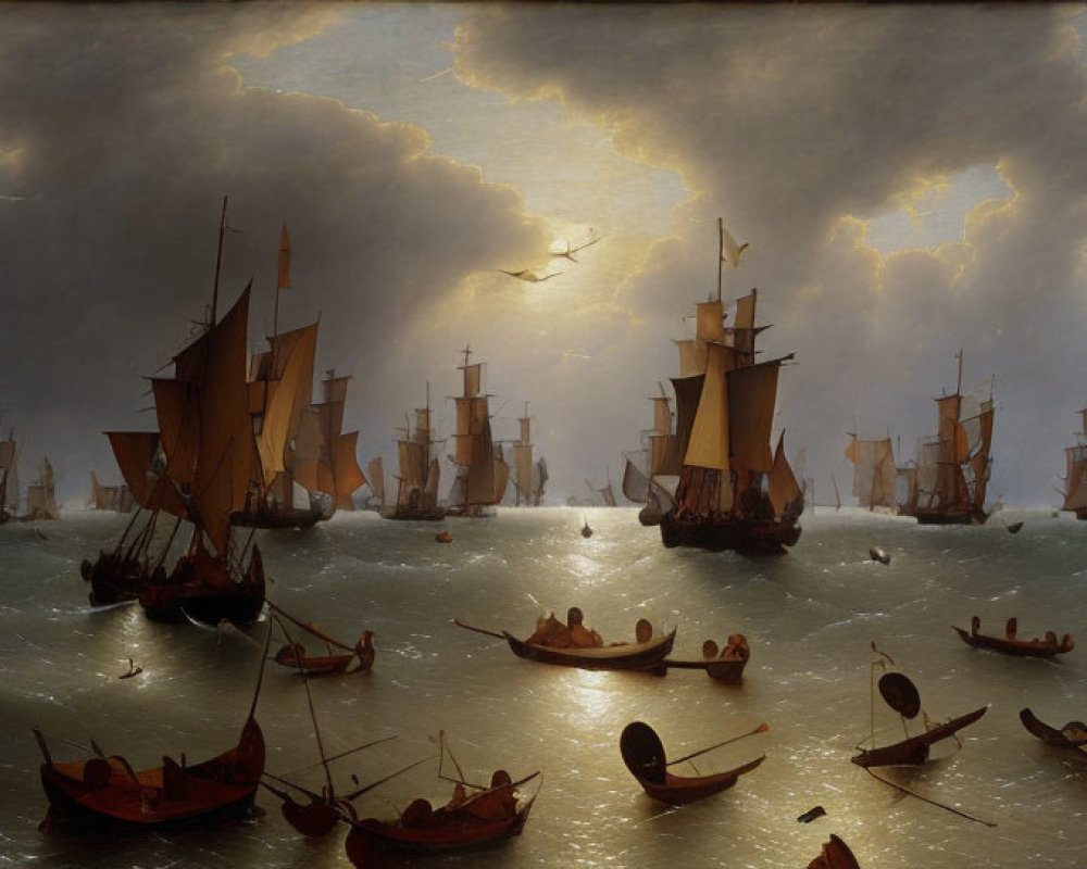 Stormy Seascape Painting with Ships and Boats in Dramatic Light