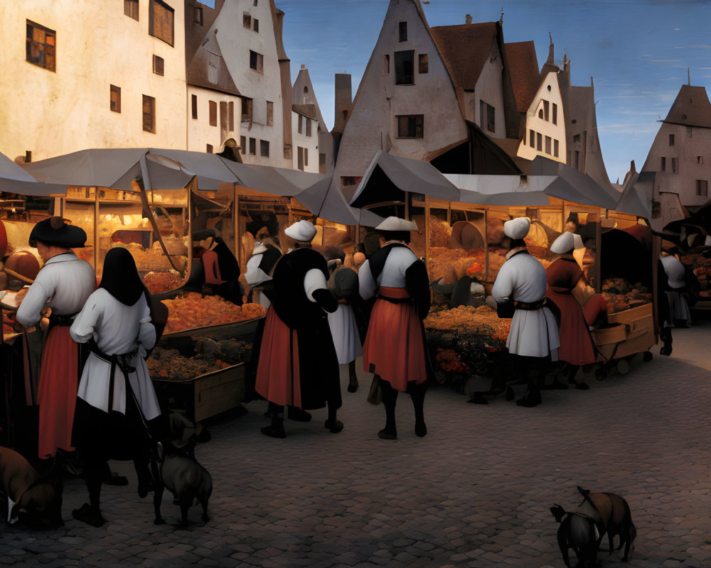 Traditional attire shoppers at dusk in historical town market.