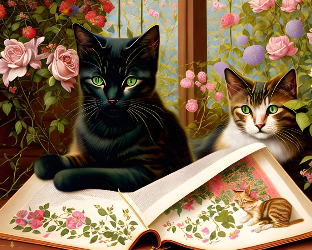 Two cats with open book and floral illustrations in garden view.