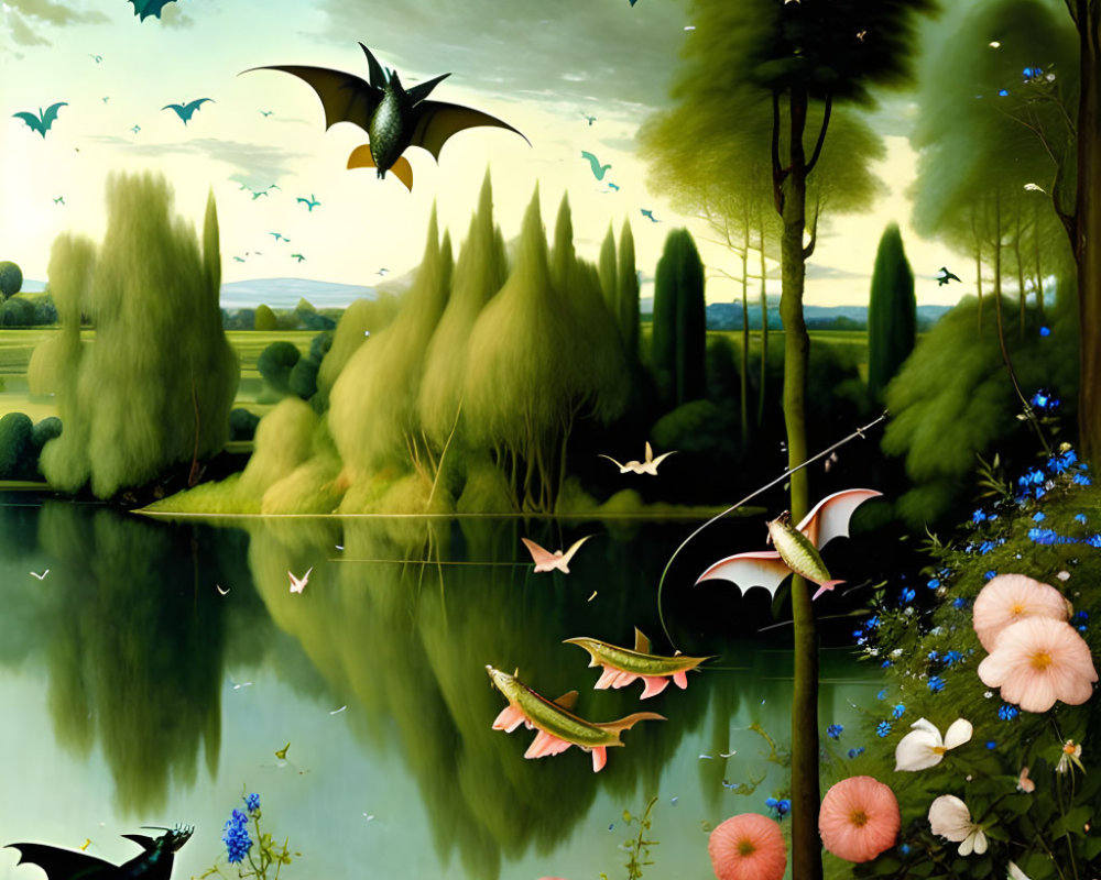 Mirrored lake surreal landscape with flying fish, bats, birds, trees, flowers