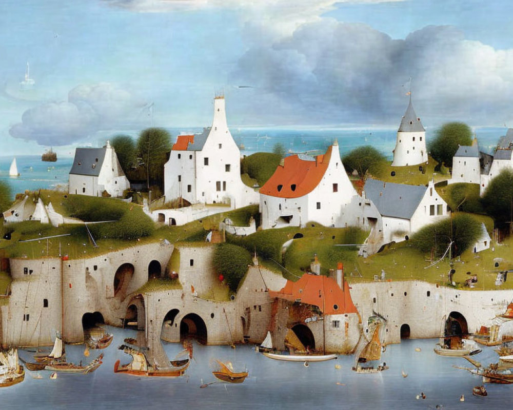 Serene medieval town by the sea with boats, white buildings, red roofs, green hills