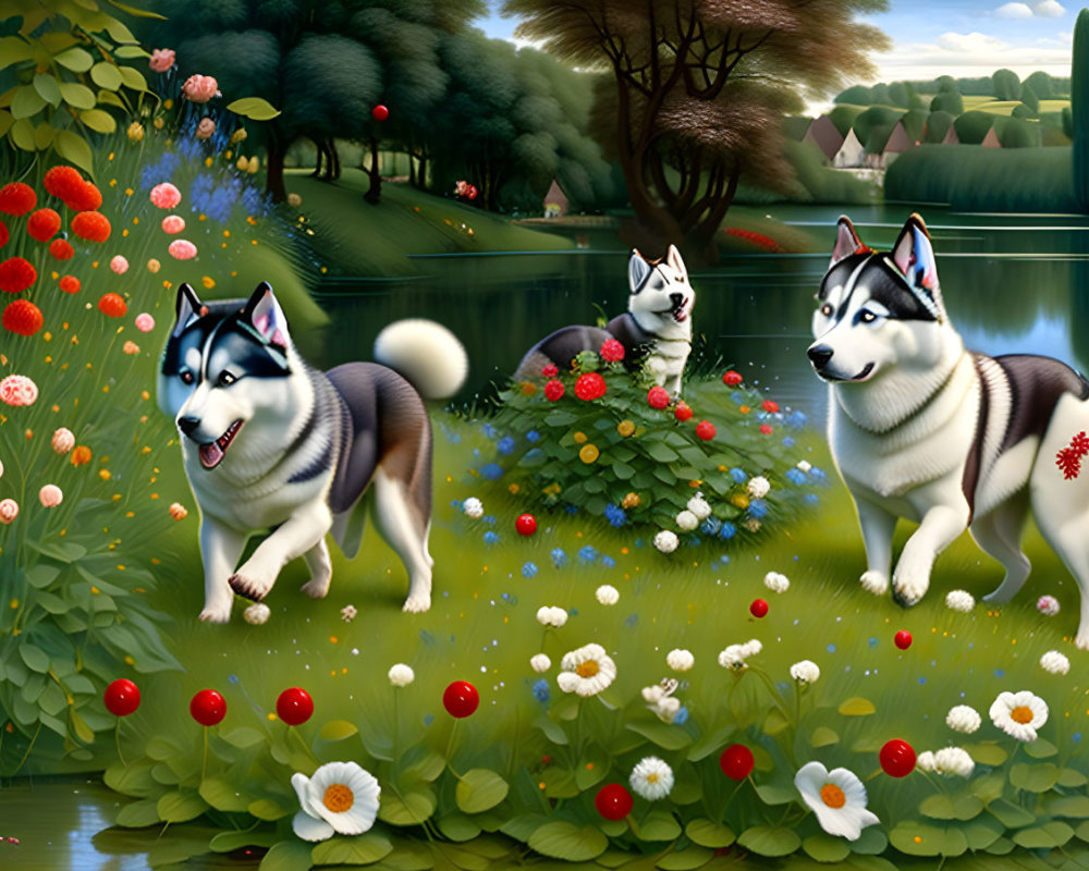 Three Siberian Huskies in Vibrant Landscape with Flowers and Lake