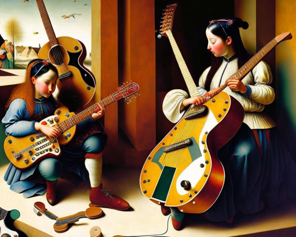 Surreal artwork of two girls with oversized guitars in serene setting