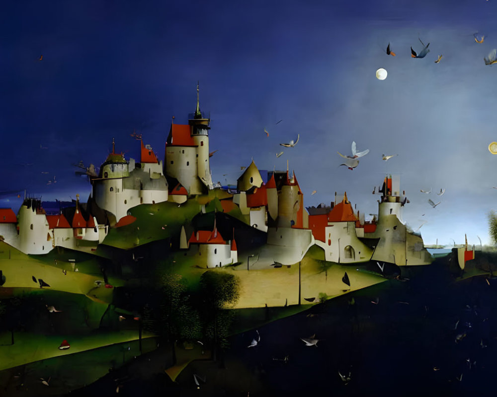 Whimsical white castles in a fantastical landscape