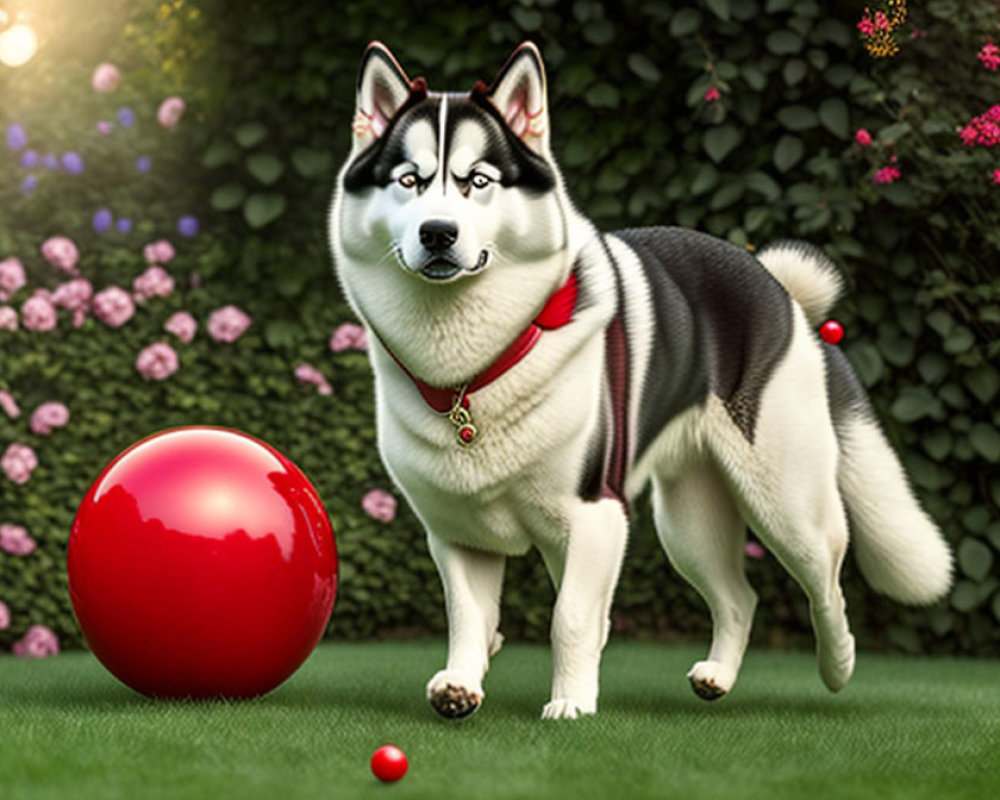 Siberian Husky with blue eyes next to red ball in grassy field