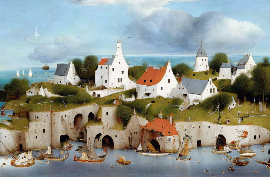 Serene medieval town by the sea with boats, white buildings, red roofs, green hills