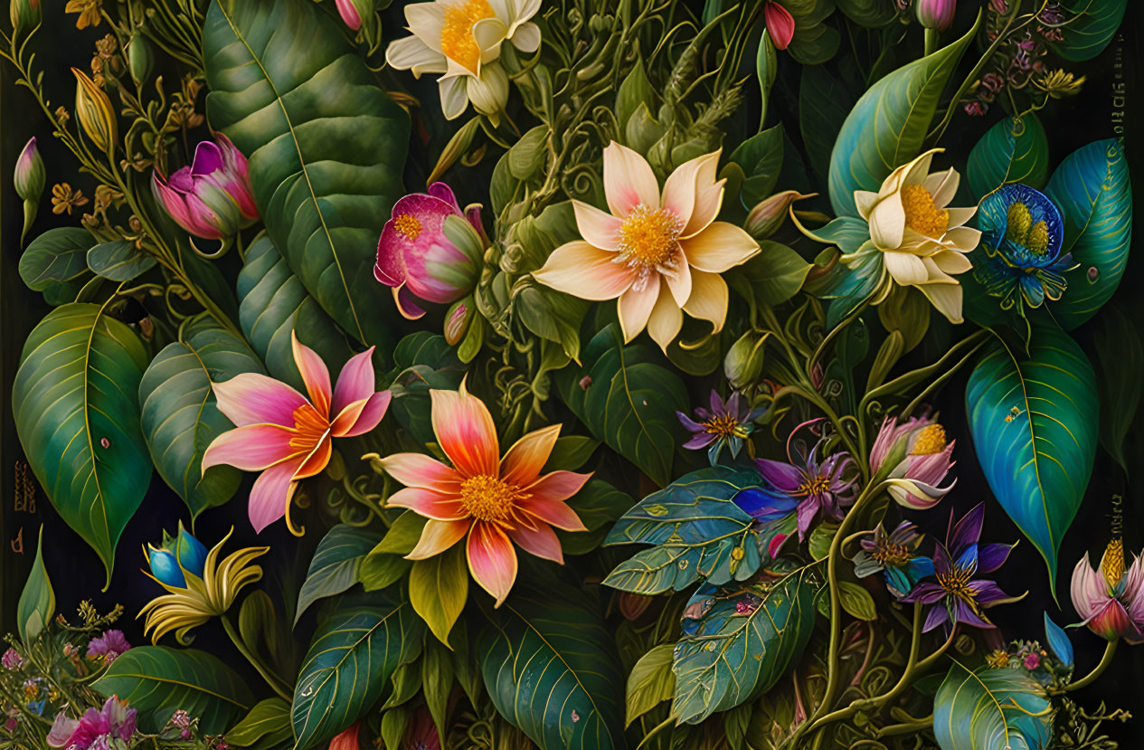 Colorful Floral Composition with Various Blossoms on Dark Background