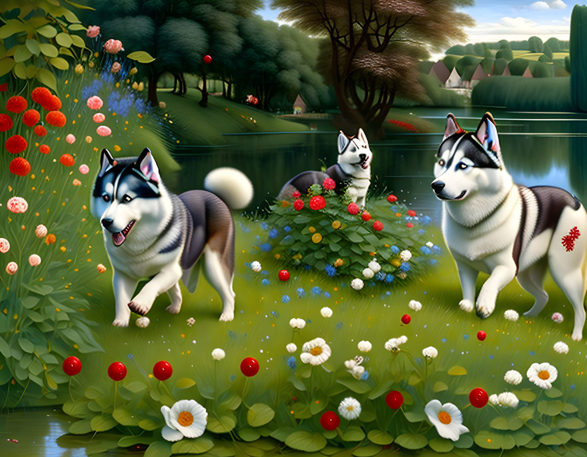 Three Siberian Huskies in Vibrant Landscape with Flowers and Lake