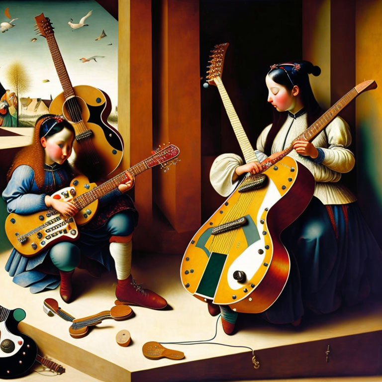 Surreal artwork of two girls with oversized guitars in serene setting