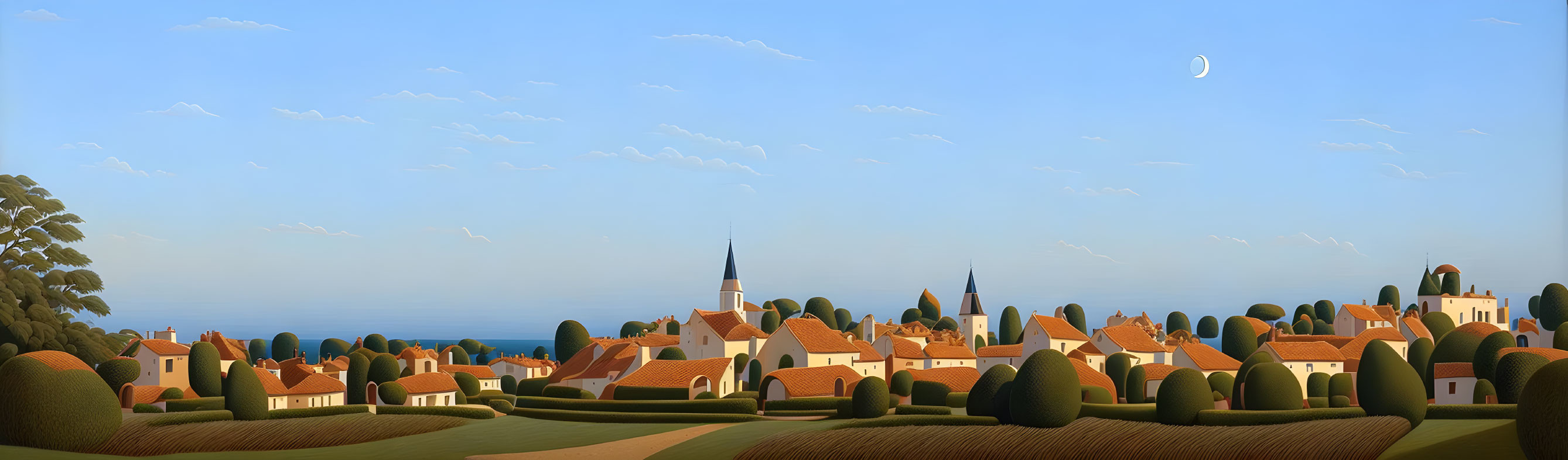 Charming village scene with orange roofs and church spires