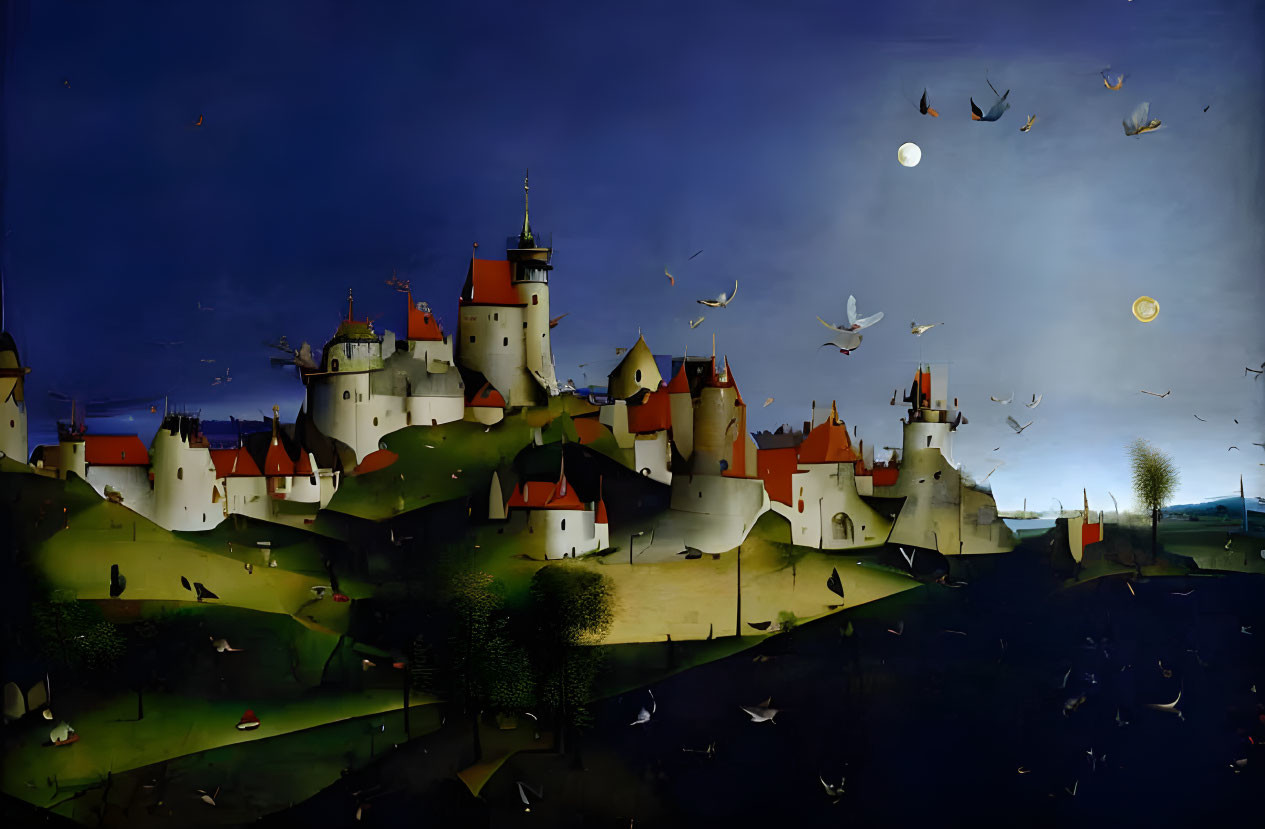 Whimsical white castles in a fantastical landscape