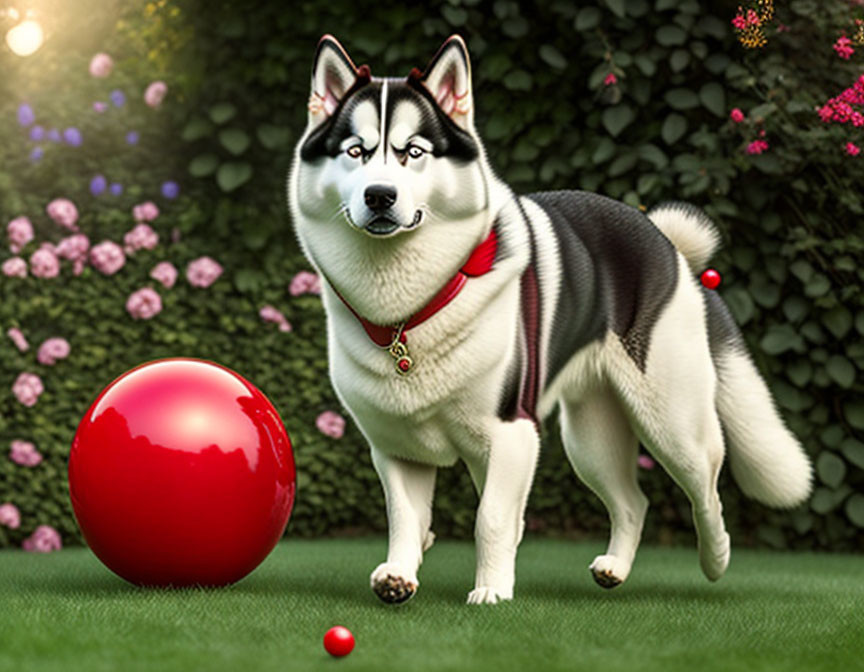 Siberian Husky with blue eyes next to red ball in grassy field