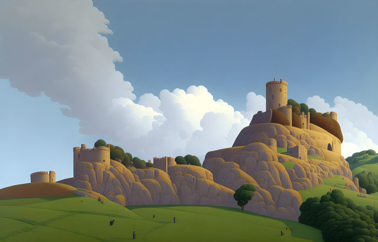 Illustration of castle on rolling hills with figures and serene sky