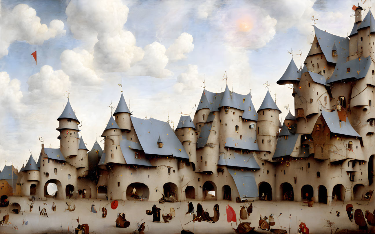 Whimsical castle painting with spires, figures, and red kite