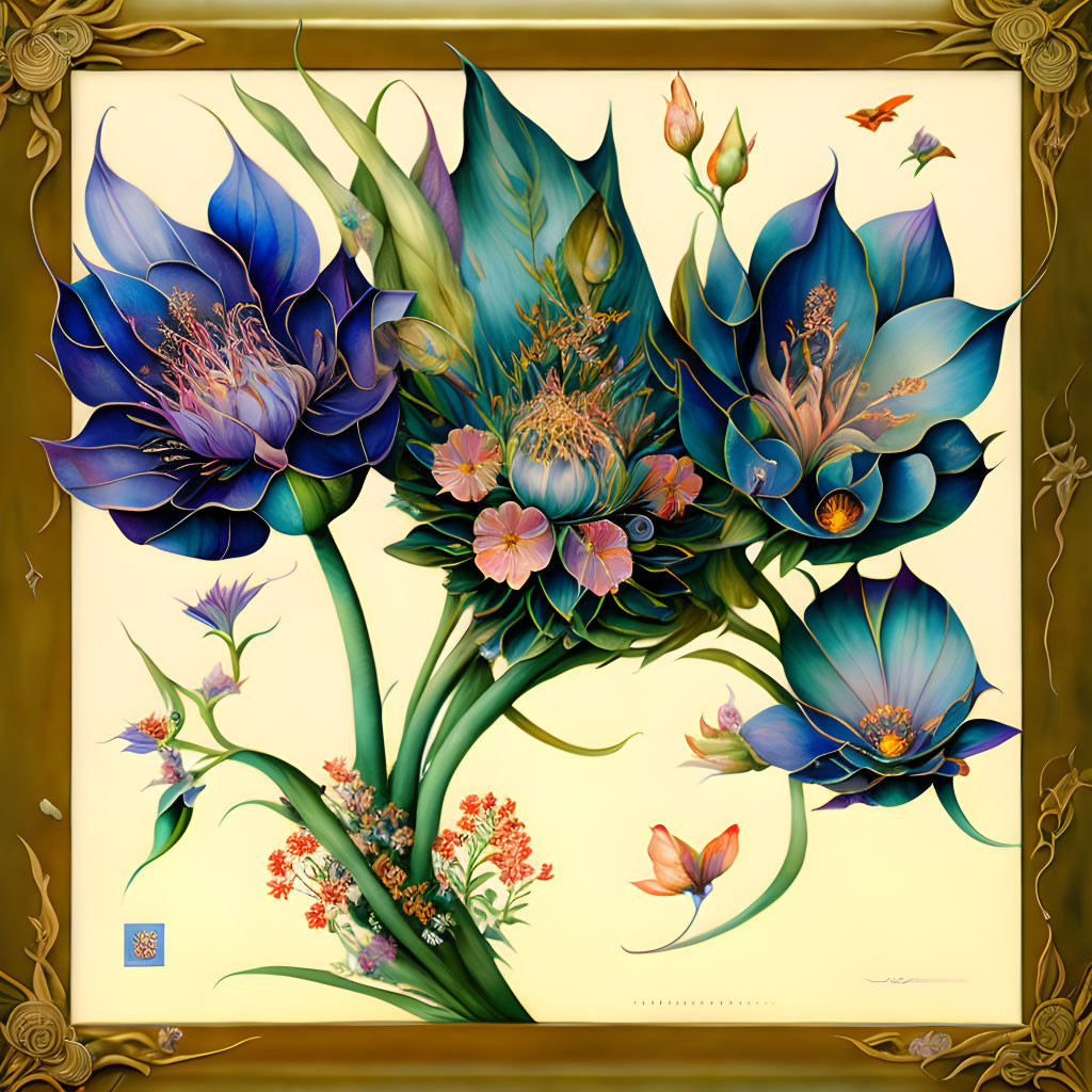 Detailed blue flower painting with orange blooms and butterfly in gold frame