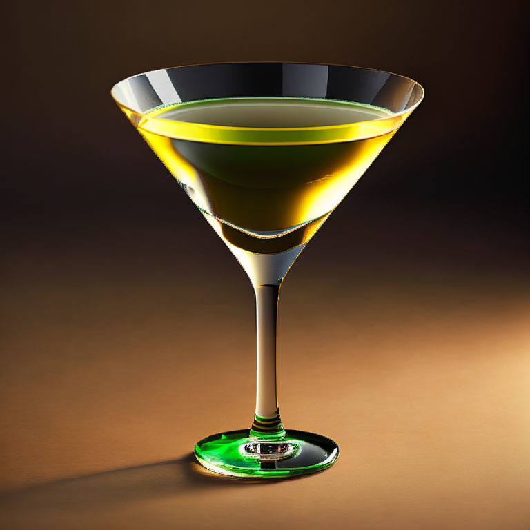 Green liquid in martini glass on warm brown background.