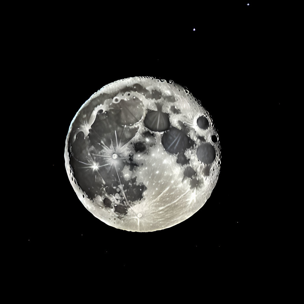 Detailed View of Full Moon Craters and Maria on Dark Starry Background