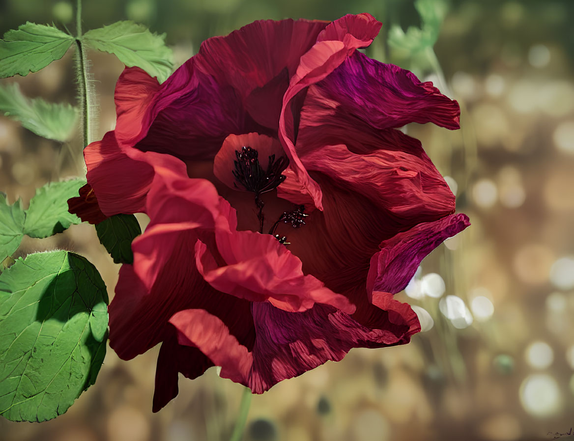 Vibrant Red Poppy Flower with Ruffled Petals and Dark Center on Bokeh Background