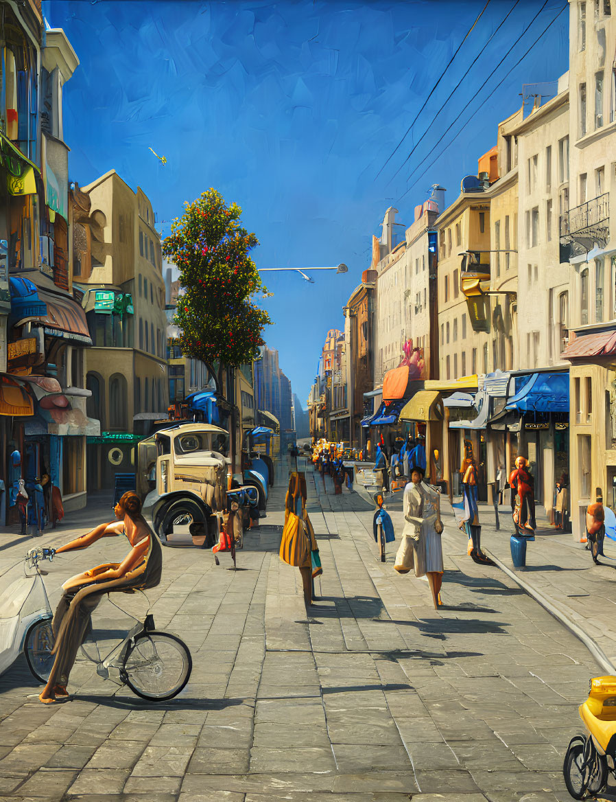 Colorful street scene with people, cyclist, vintage cars, and buildings under blue sky