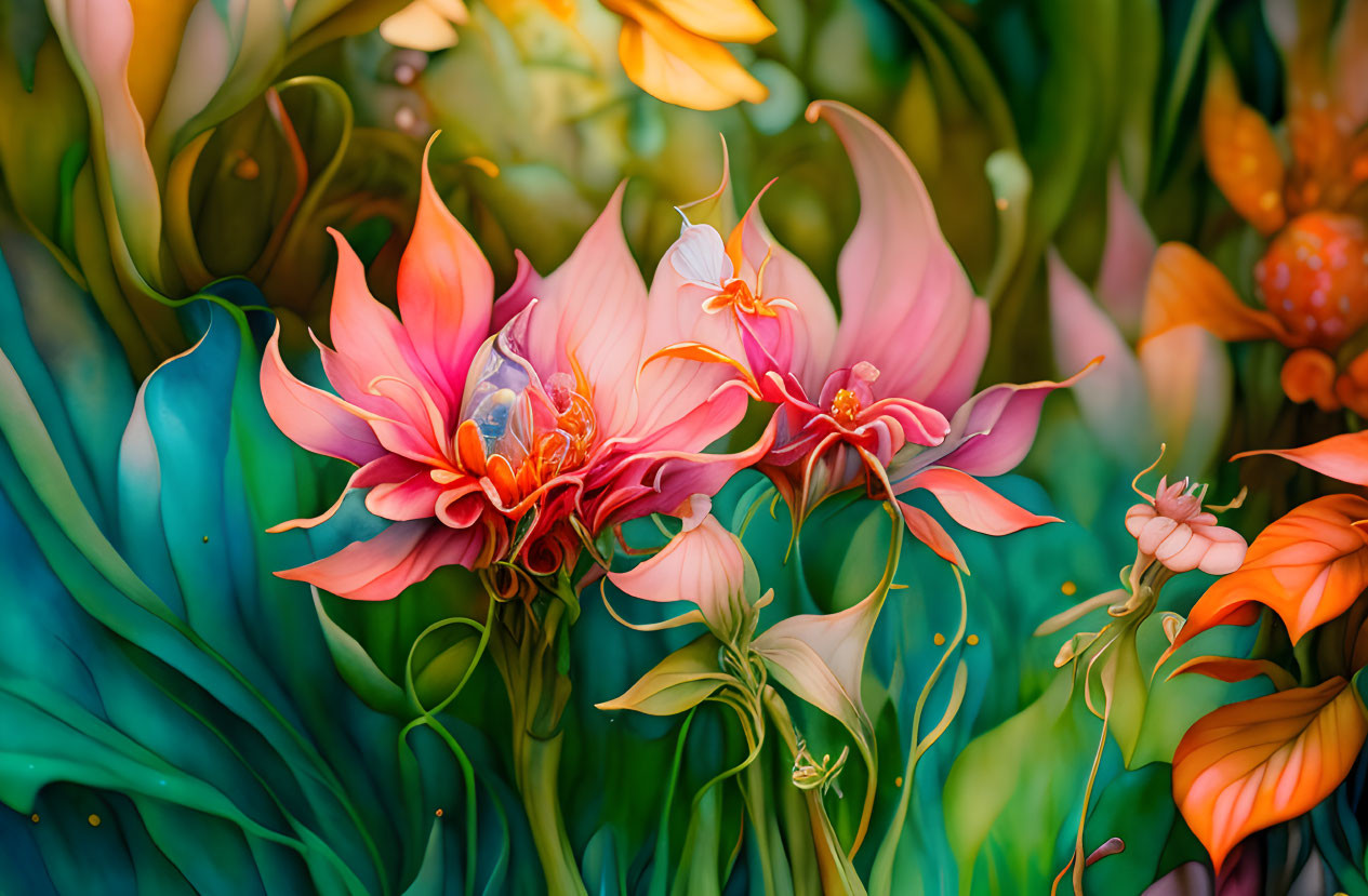 Colorful Stylized Flowers and Leaves Digital Artwork