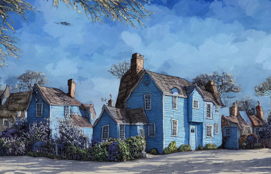 Illustration of Quaint Blue Cottage with Thatched Roof