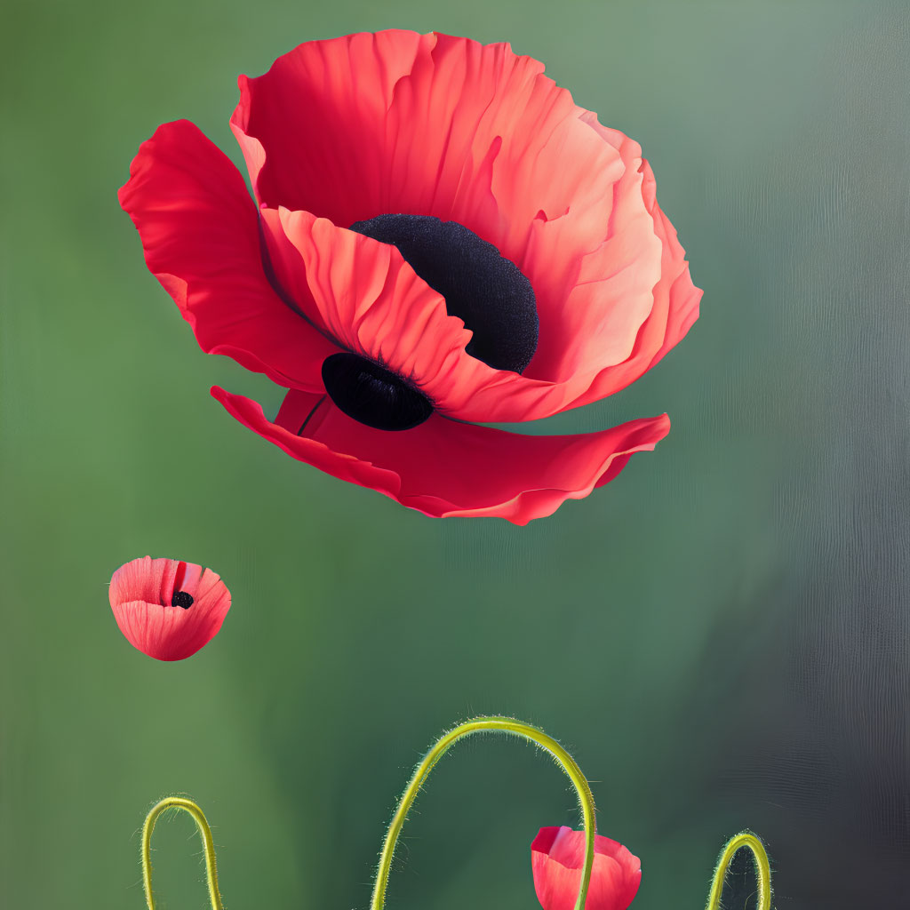 Detailed Red Poppy Flower Against Soft Green Background