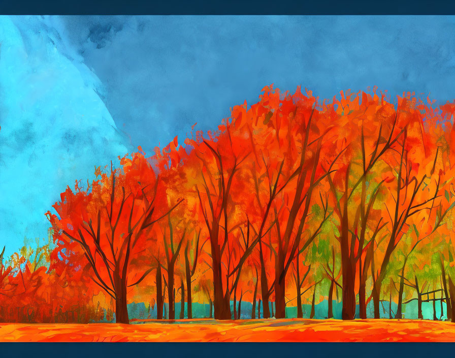 Fiery orange and red autumn trees against a blue sky