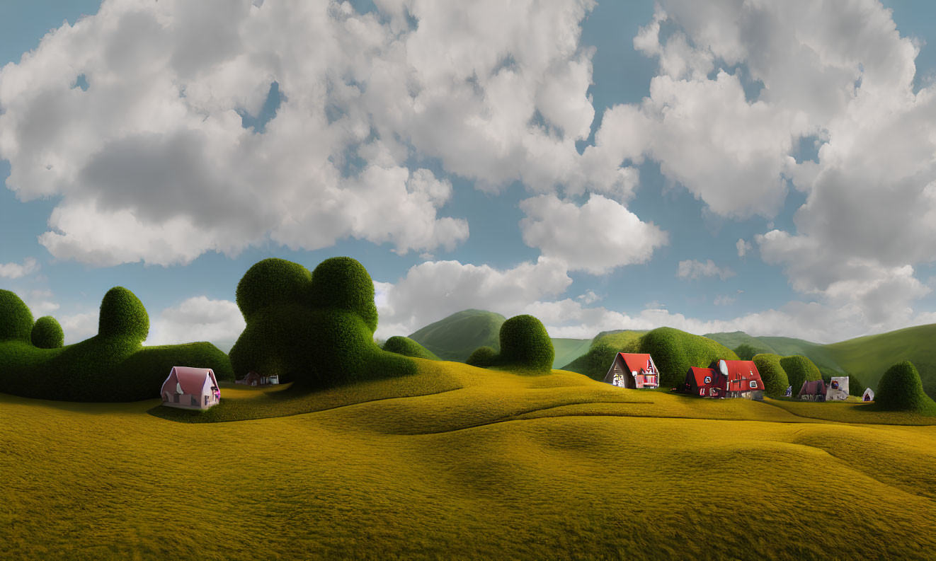 Scenic panoramic landscape with green hills and houses nestled in shrub-covered mounds under fluffy clouds