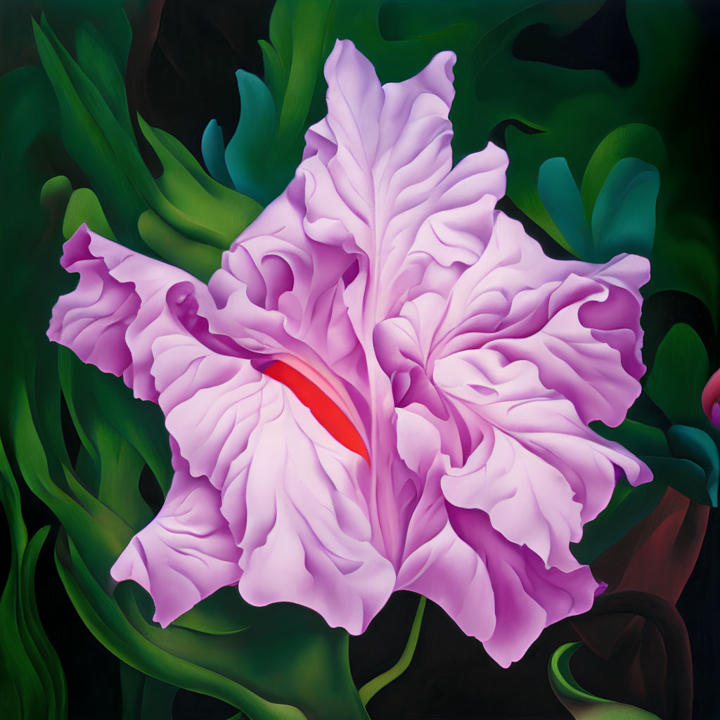 Vibrant Purple Iris Flower with Red Stamen on Dark Green Background