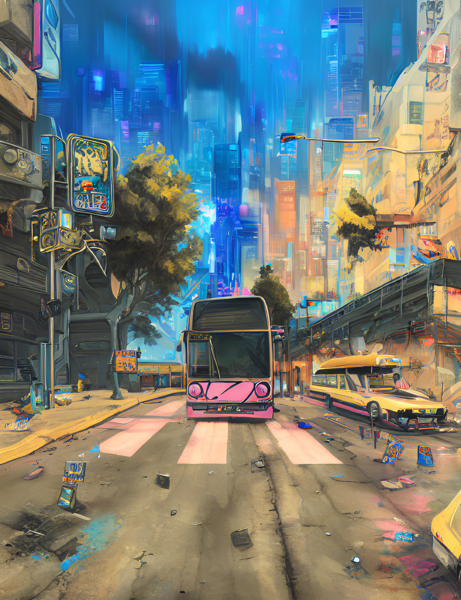 Futuristic cityscape with neon signs, bus, and glowing skyscrapers