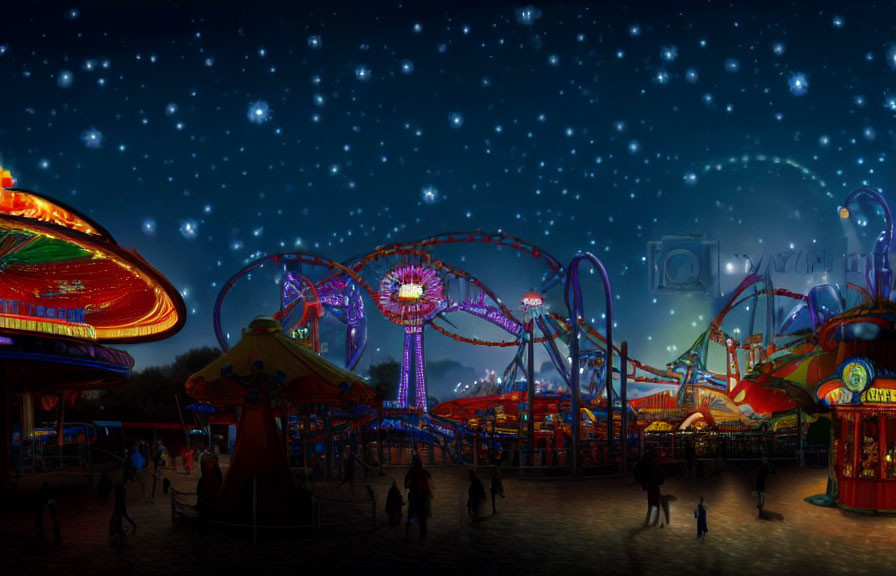 Nighttime amusement park with roller coaster, carousel, and illuminated attractions