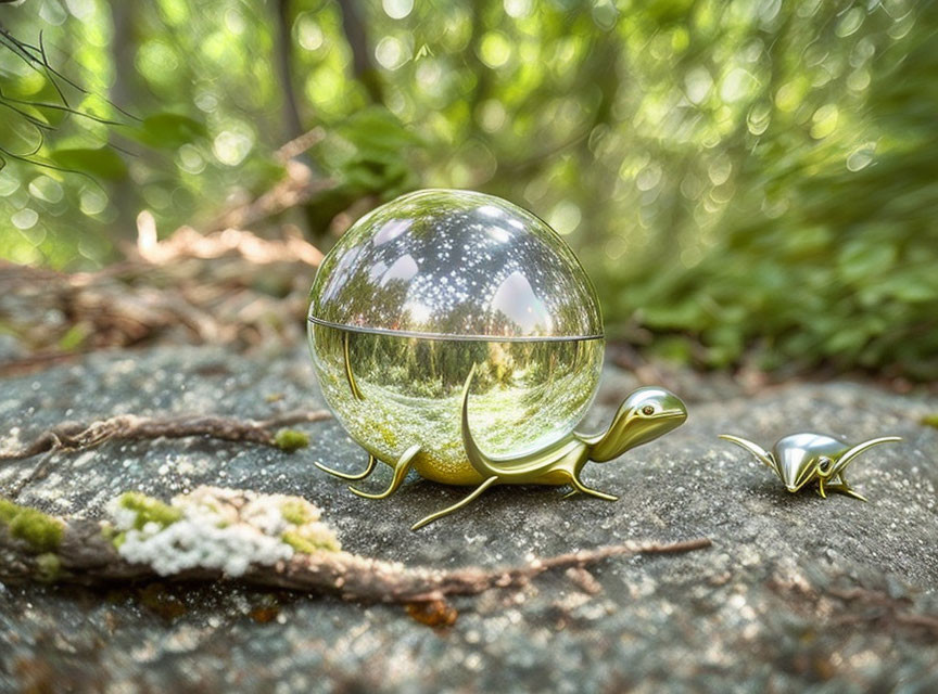 Turtle with reflective globe shell on rock in greenery