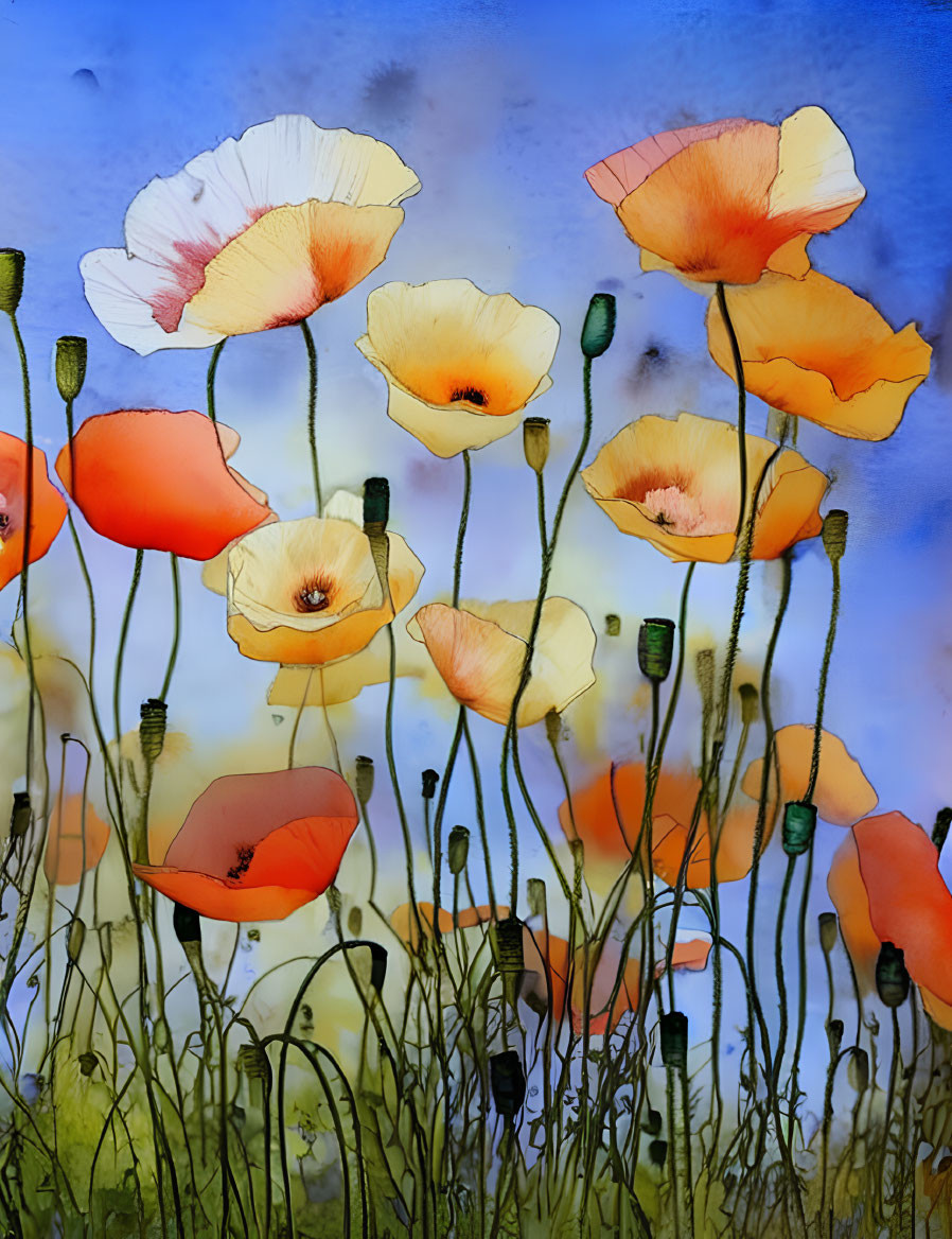 Vibrant watercolor poppies with translucent orange and yellow petals on blue background