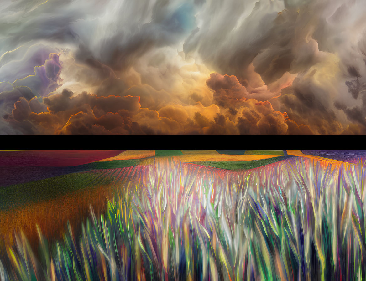 Vibrant stylized landscape with dramatic warm-hued clouds