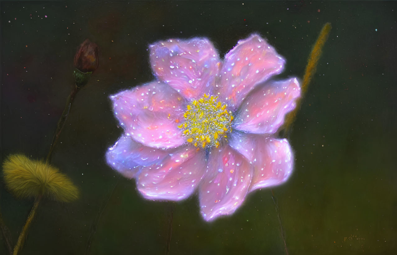 Pink flower with yellow center and stamen, bud and seed heads on dark background