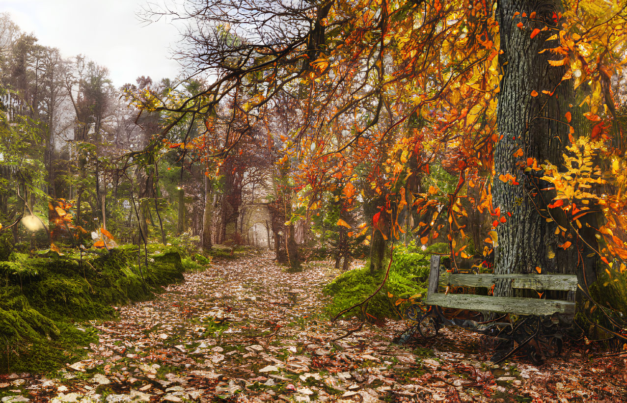 Tranquil Autumn Forest Scene with Path, Leaves, Bench, and Sunrays