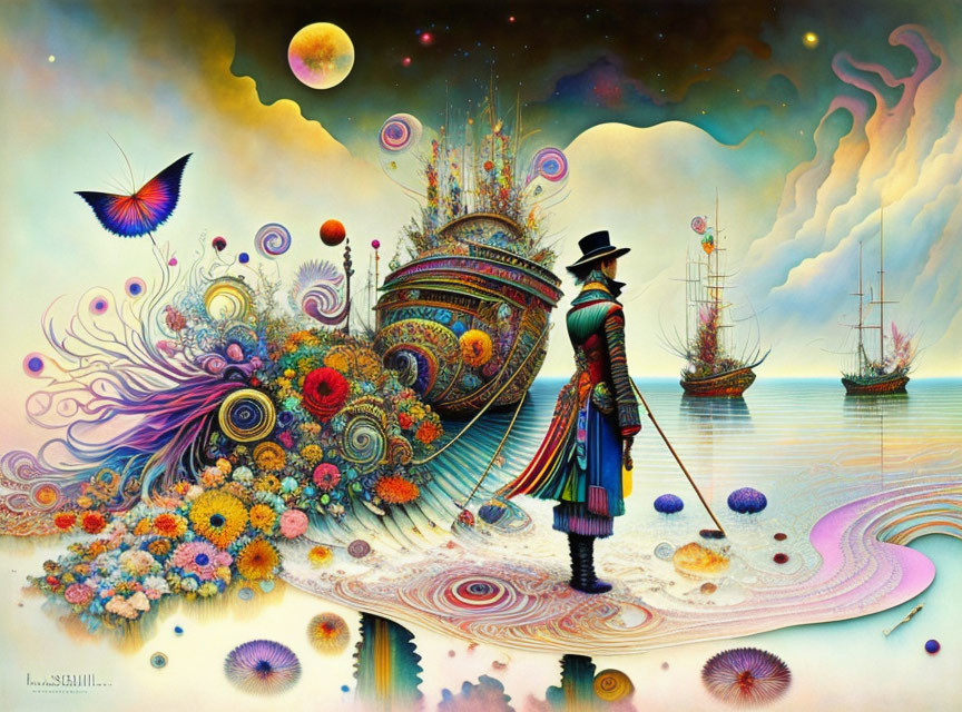 Vibrant surreal landscape with person, ships, orbs, flora, and butterfly