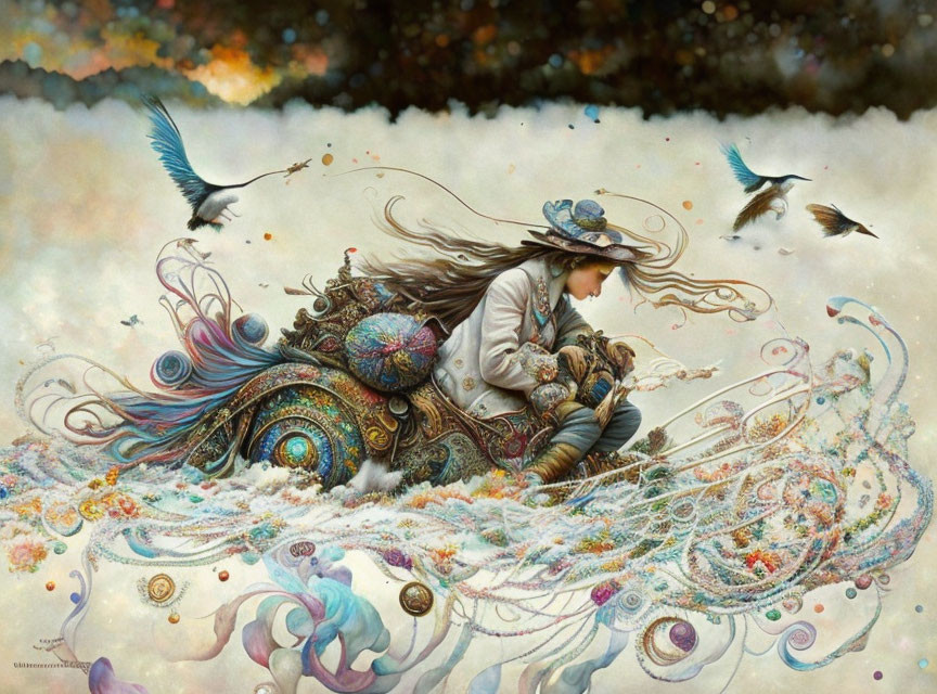 Whimsical artwork of girl with flowing hair and hat in dreamlike setting