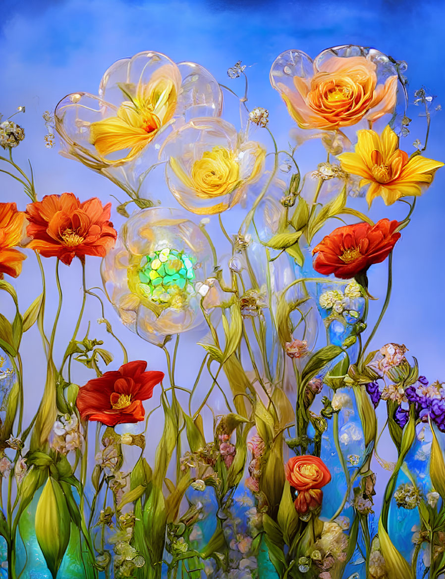 Colorful Glass Flowers Displayed Against Blue Sky Background