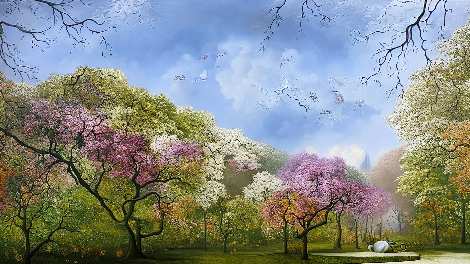 Colorful Blossoming Trees in Whimsical Landscape with Butterflies and Reflective Spheres