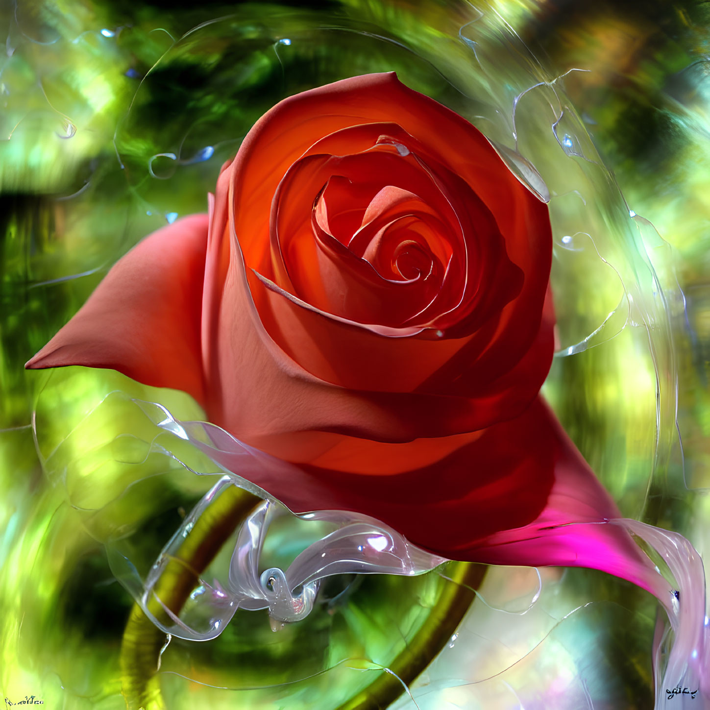 Vibrant red rose with water droplets on blurred green background